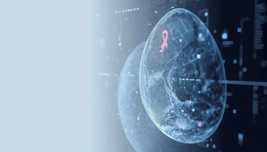 Ilustración científica que representa el uso de inteligencia artificial en el análisis de mamografías para la detección temprana del cáncer de mama