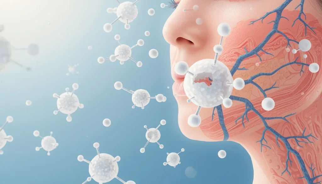 Mujer observando su piel frente al espejo en contexto de cuidado facial y alimentación