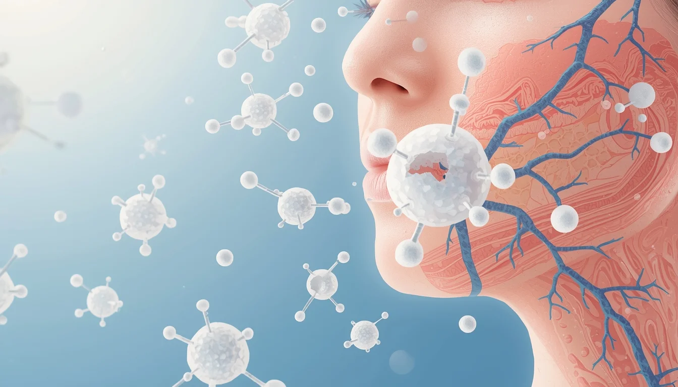 Mujer observando su piel frente al espejo en contexto de cuidado facial y alimentación
