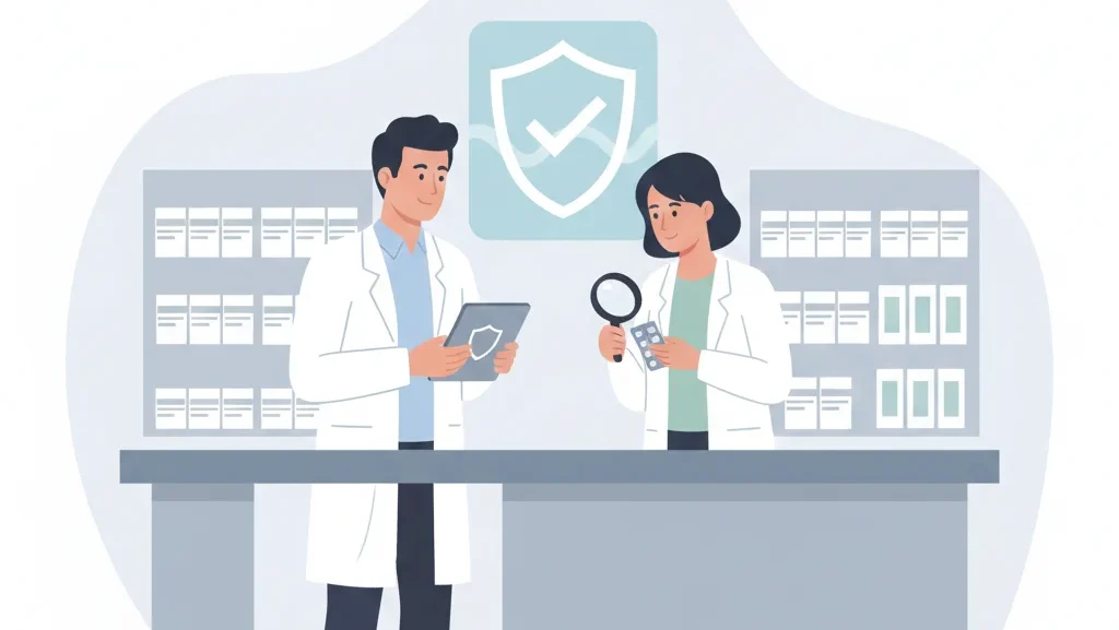 Ilustración editorial que representa una alerta farmacéutica informada por el Instituto de Salud Pública de Chile