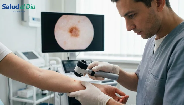 Ilustración editorial que muestra examen de lunar con dermatoscopio