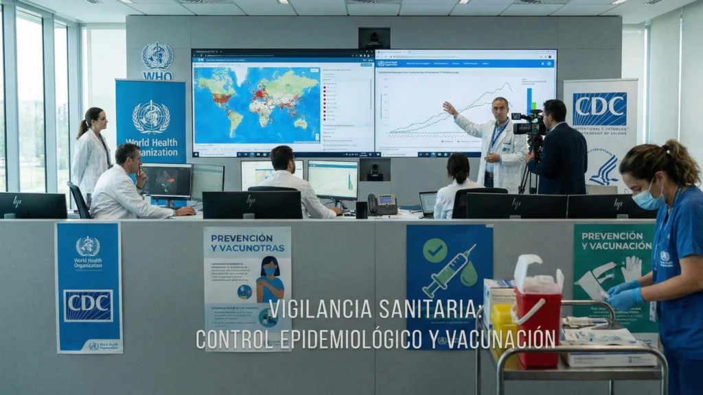 Ilustración editorial que representa la vigilancia sanitaria y las medidas de control frente a un caso importado de sarampión en Chile