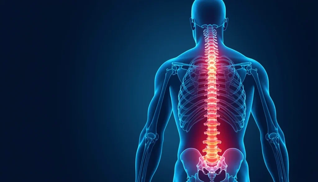 Ilustración editorial que representa el dolor de espalda y la zona lumbar en adultos, en un contexto de educación en medicina general
