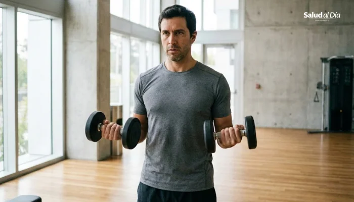 Adulto realizando ejercicio de fuerza con mancuernas en gimnasio
