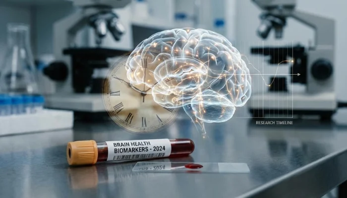 Ilustración editorial sobre biomarcadores en sangre para estimar inicio de síntomas de Alzheimer