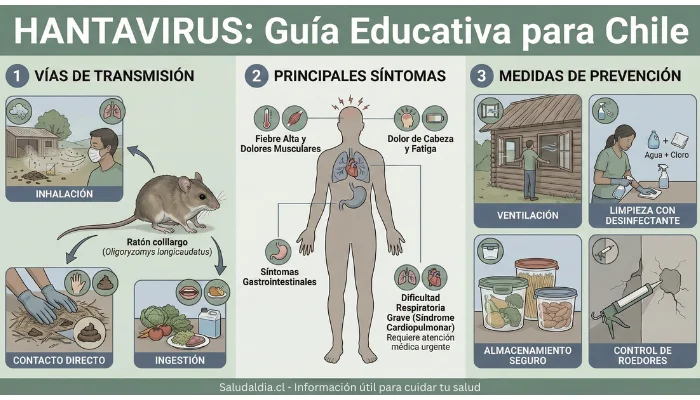 Infografía editorial que explica el hantavirus en Chile, sus formas de transmisión, síntomas y principales medidas de prevención