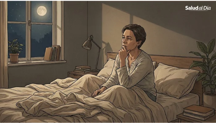 Ilustración editorial que representa a una persona adulta con insomnio en un entorno nocturno