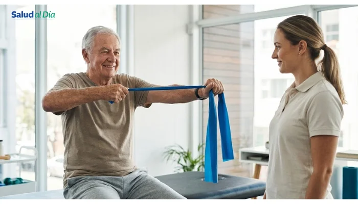 Ilustración editorial que muestra a un adulto mayor realizando ejercicio de fuerza para prevenir sarcopenia