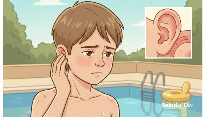 Ilustración editorial que representa una molestia leve en el oído asociada a otitis externa durante el verano