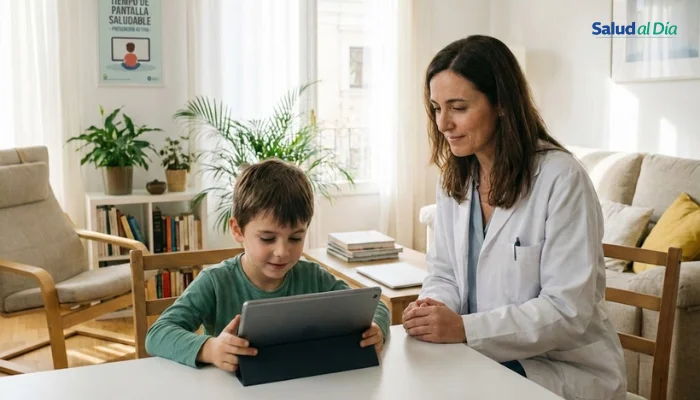 Niño utilizando tablet con supervisión adulta