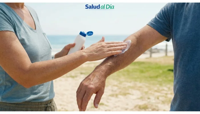 Ilustración editorial que muestra aplicación de protector solar en piel expuesta al sol