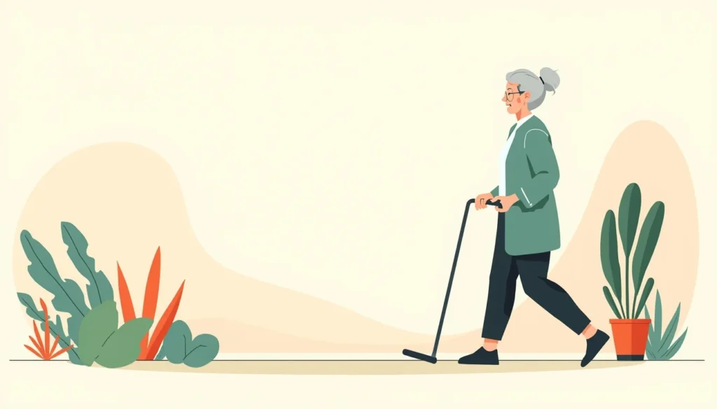 Ilustración editorial que muestra a una persona mayor caminando de forma estable, representando la prevención de caídas y el envejecimiento activo