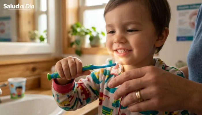 Niño pequeño cepillándose los dientes con ayuda de un adulto para prevenir la caries de la infancia temprana.
