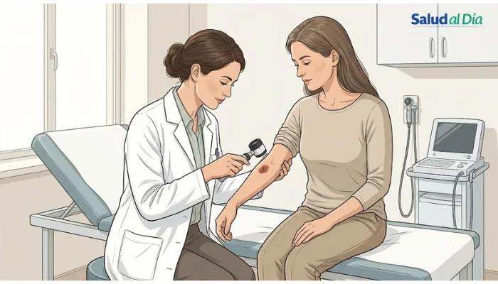 Ilustración editorial que muestra evaluación médica de una mancha en la piel por exposición solar