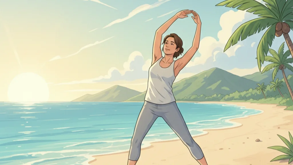 Ilustración editorial que representa el movimiento suave y el autocuidado corporal durante las vacaciones de verano