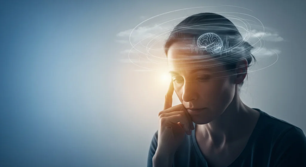 Ilustración editorial que representa la ansiedad como una experiencia común de salud mental, en un contexto educativo y de bienestar emocional