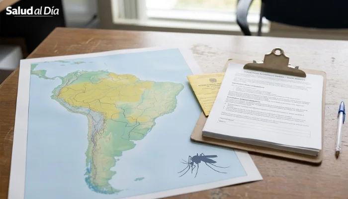 Mapa de Sudamérica con referencia a fiebre amarilla y vacunación preventiva