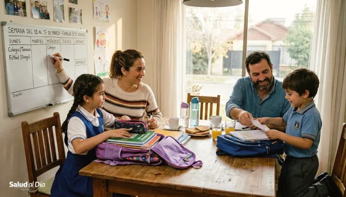 Familia organizándose para el regreso a clases en marzo