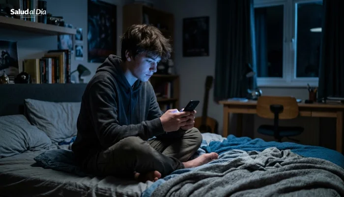 Adolescente utilizando smartphone en habitación con iluminación tenue