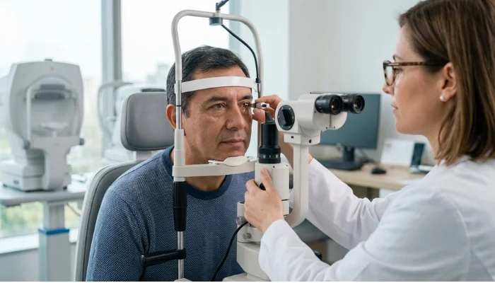 Hombre adulto realizándose un examen de vista con lámpara de hendidura para la detección temprana del glaucoma.
