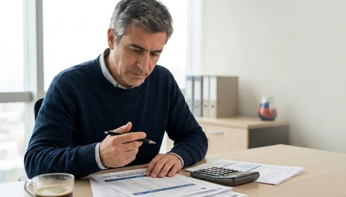 Persona revisando documento de plan de salud con calculadora sobre escritorio