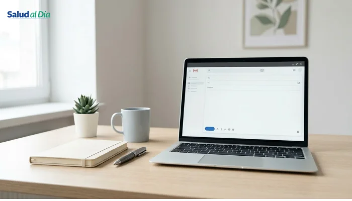 Espacio de trabajo con computador y libreta en contexto de comunicación institucional