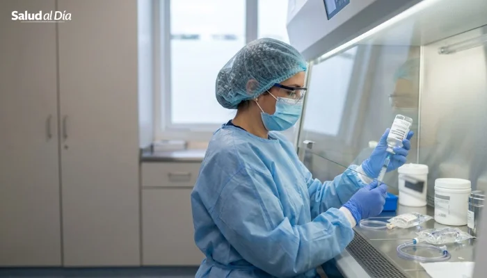 Profesional de salud preparando medicamento oncológico en área hospitalaria