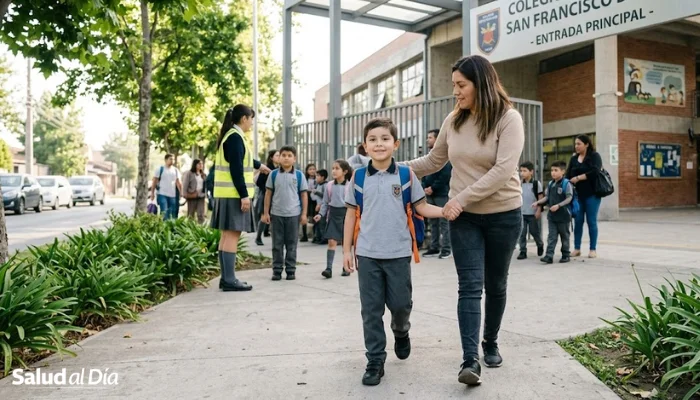 Niño saliendo del colegio con mochila acompañado por un adulto