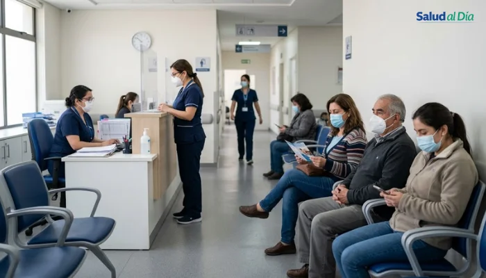 Personas utilizando mascarilla en sala de espera de urgencias en centro de salud