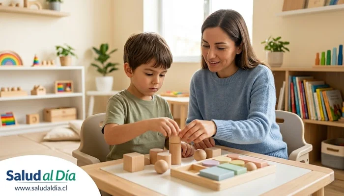 Niño interactuando en un entorno educativo con apoyo, representando diversidad en el espectro autista