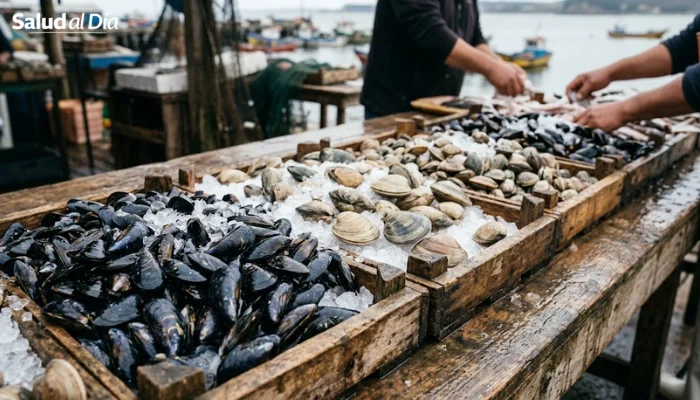 Mariscos frescos en mercado en contexto de alerta por marea roja en Chile