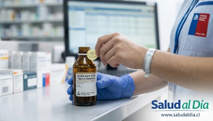 Frasco de medicamento en contexto clínico con señal de alerta sanitaria