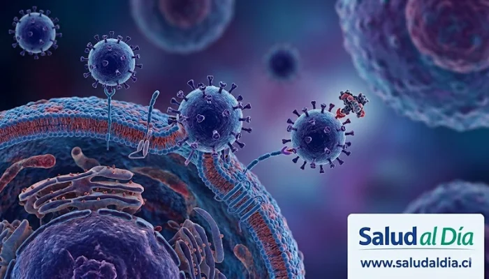 Ilustración del virus VIH en interacción con células humanas