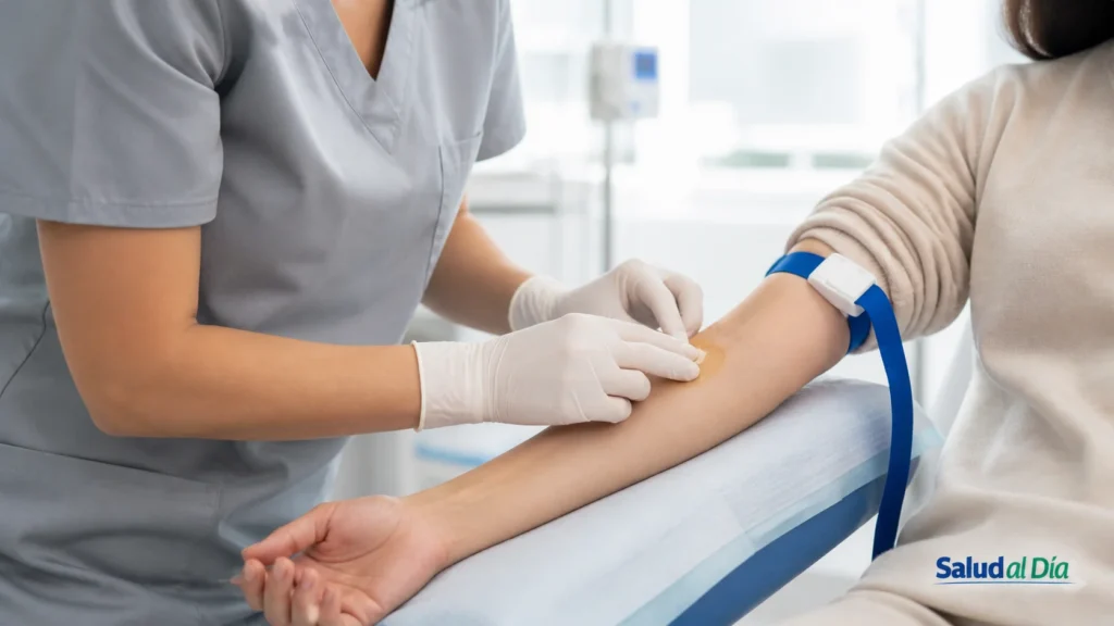 Profesional de salud prepara una punción venosa para acceso vascular en un paciente hospitalizado