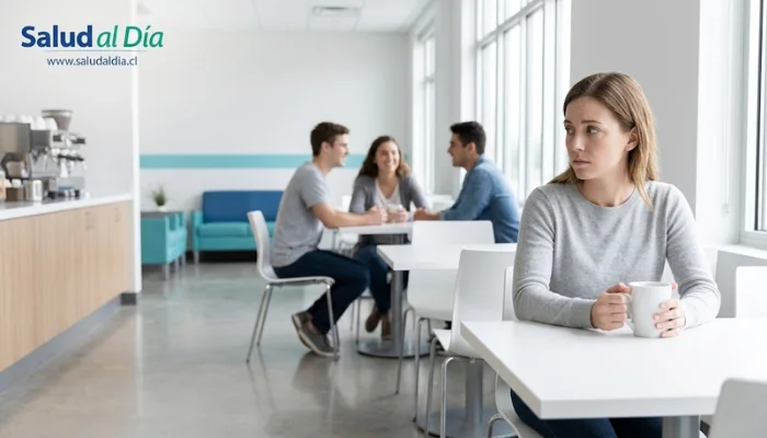 Persona sentada en un espacio social con expresión de ansiedad, representando el miedo a ser juzgada por otros