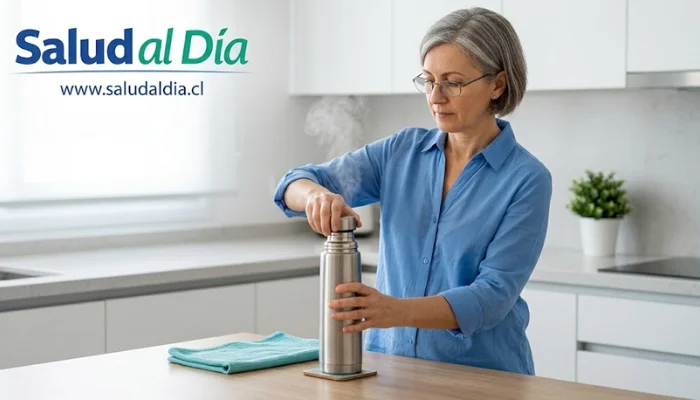 Persona abriendo cuidadosamente un termo con líquido caliente mientras protege su rostro en un ambiente doméstico
