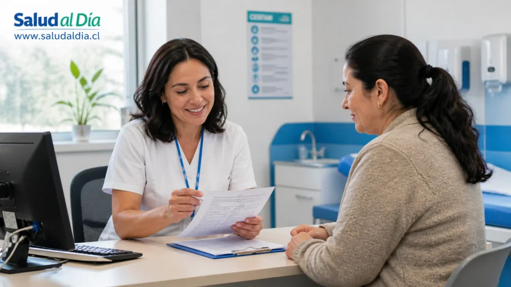 Profesional de salud revisando una ficha clínica y exámenes preventivos en un centro de atención primaria en Chile