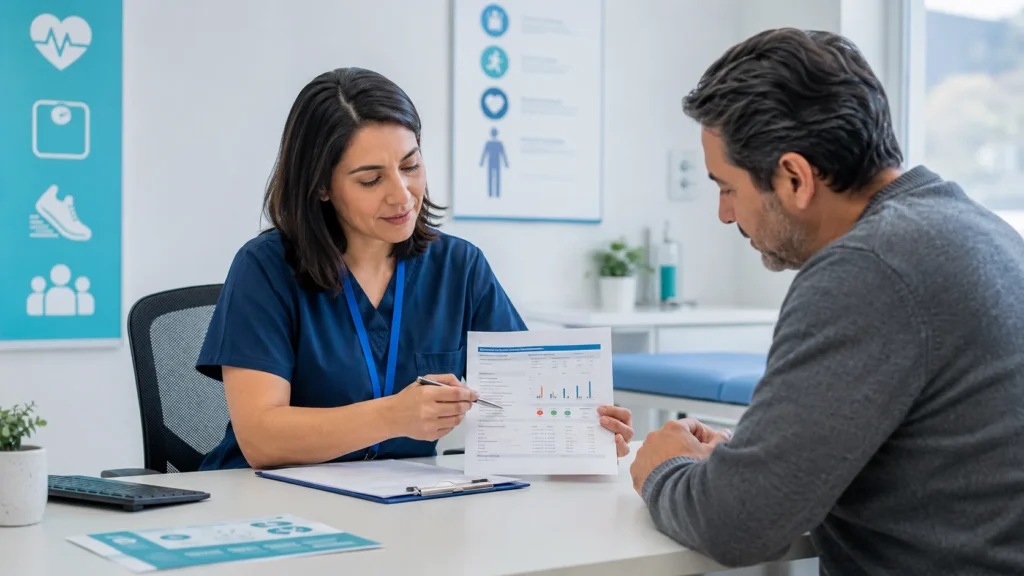 Profesional de salud revisa resultados preventivos con un paciente adulto en una consulta de atención primaria.