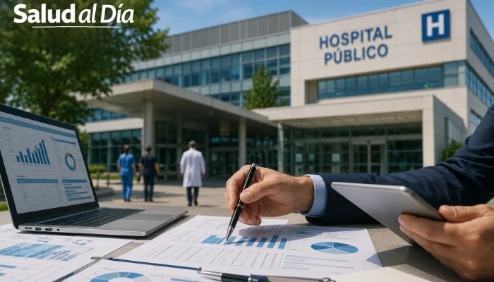 Documentos de gestión hospitalaria frente a un hospital público moderno, representando gobernanza y administración en salud