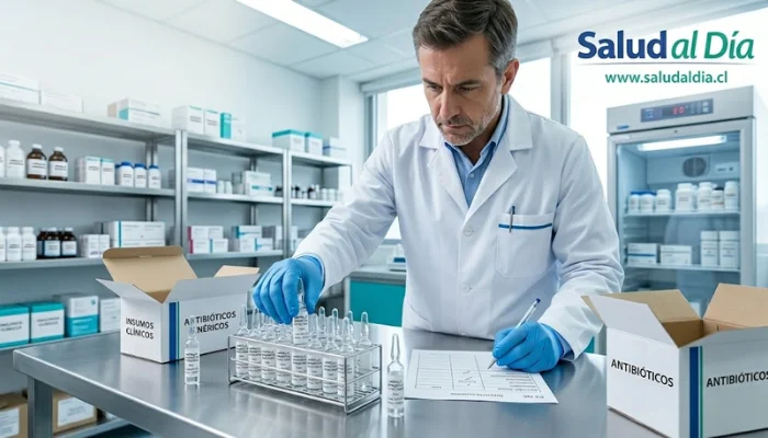 Ampollas de medicamento inyectable revisadas por un profesional de salud en contexto de alerta farmacéutica del ISP