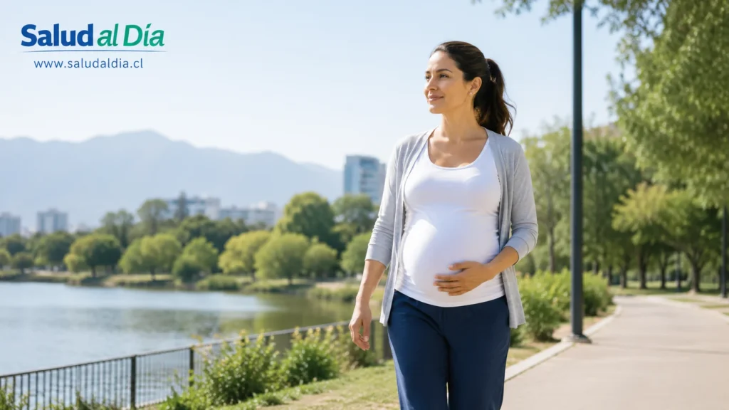 Mujer embarazada caminando al aire libre con actitud tranquila, representando actividad física segura durante el embarazo