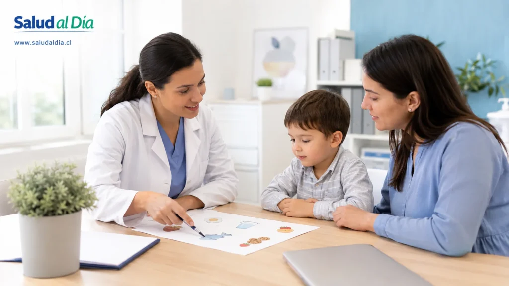 Pediatra conversando con una madre y un niño pequeño sobre alergias alimentarias y alimentación segura