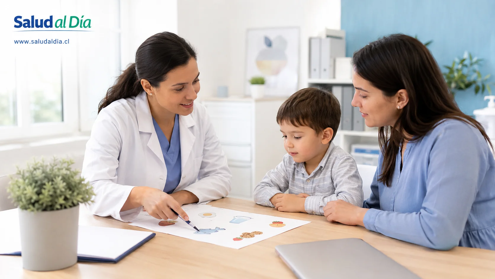 Pediatra conversando con una madre y un niño pequeño sobre alergias alimentarias y alimentación segura