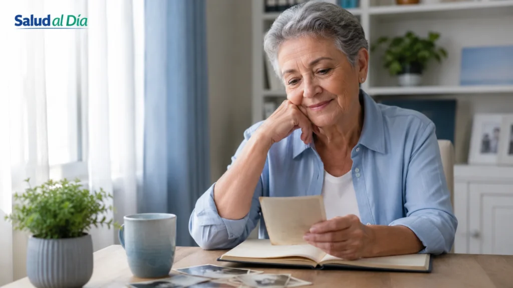 Persona adulta mirando fotografías antiguas en una mesa, en una escena tranquila que representa reflexión sobre decisiones pasadas
