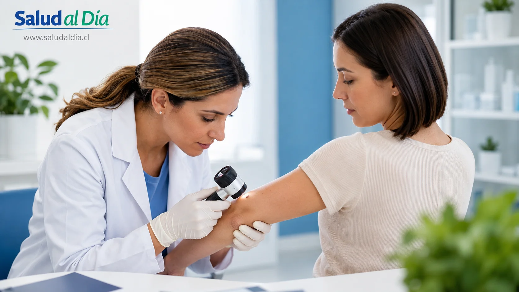 Dermatóloga examinando la piel de una paciente en una consulta, representando prevención y detección temprana de melanoma