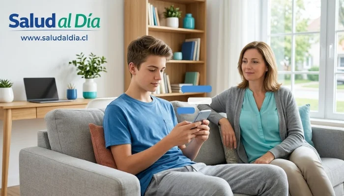 Adolescente usando un celular con una interfaz de chatbot mientras un adulto observa con actitud de acompañamiento y cuidado