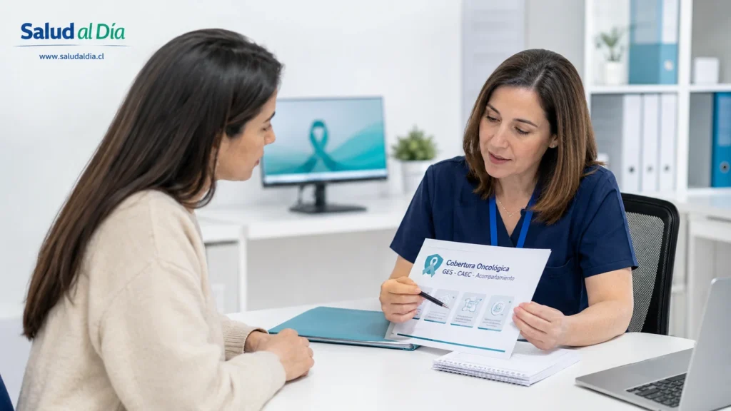 Profesional de salud revisando documentos de cobertura médica junto a una paciente oncológica en una consulta