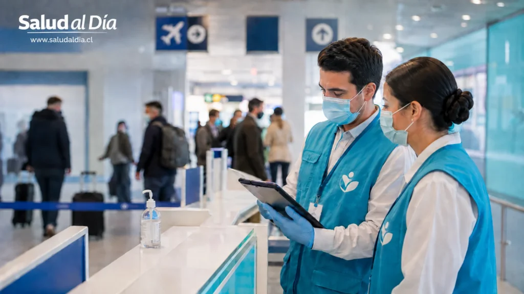 Personal sanitario realizando vigilancia epidemiológica en un aeropuerto o centro de salud ante alerta internacional por ébola