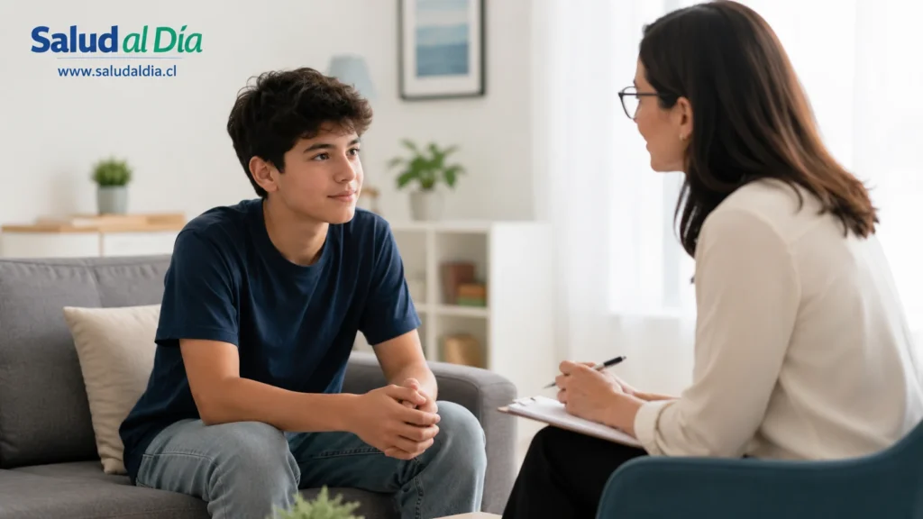 Adolescente acompañado por una adulta en un espacio tranquilo, representando apoyo emocional y prevención del suicidio