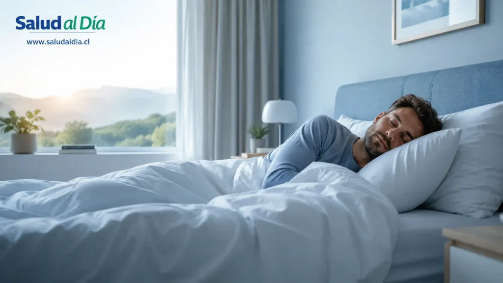 Persona durmiendo tranquilamente en una habitación oscura y ordenada, representando recuperación del sueño y descanso saludable